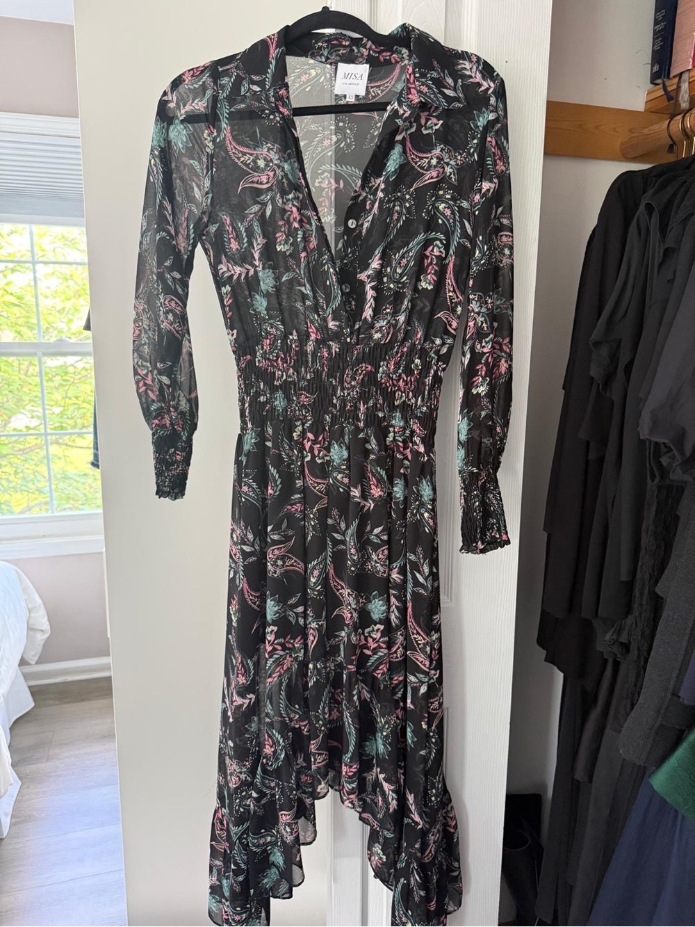 Misa Los Angeles Black Floral Maxi Dress with Pink & Teal Accents